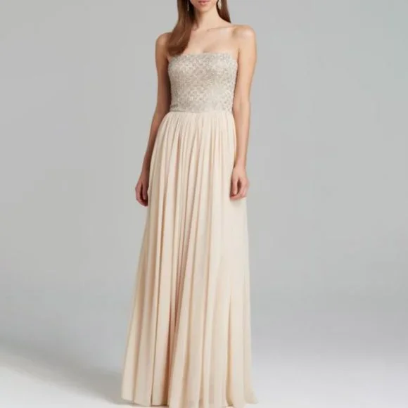 beige shirred dress Strapless Beaded Drape Chiffon Corset A Line Dress with Tiers missy / 6 / bright-pink main image 0